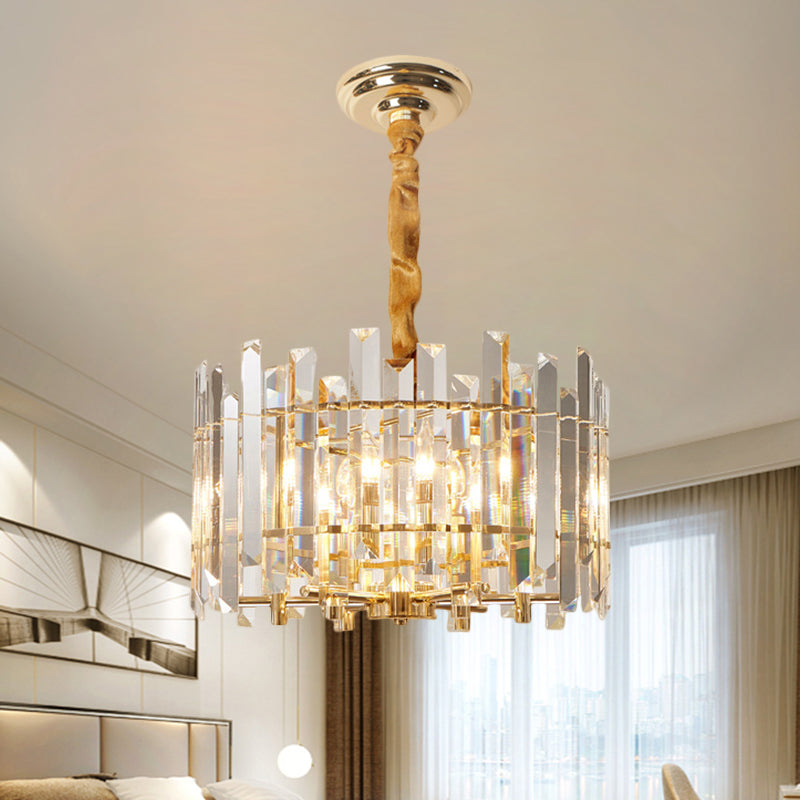 Contemporary Drum Ceiling Chandelier 6/8 Bulbs Clear Crystal Prismatic Suspension Lighting, 18