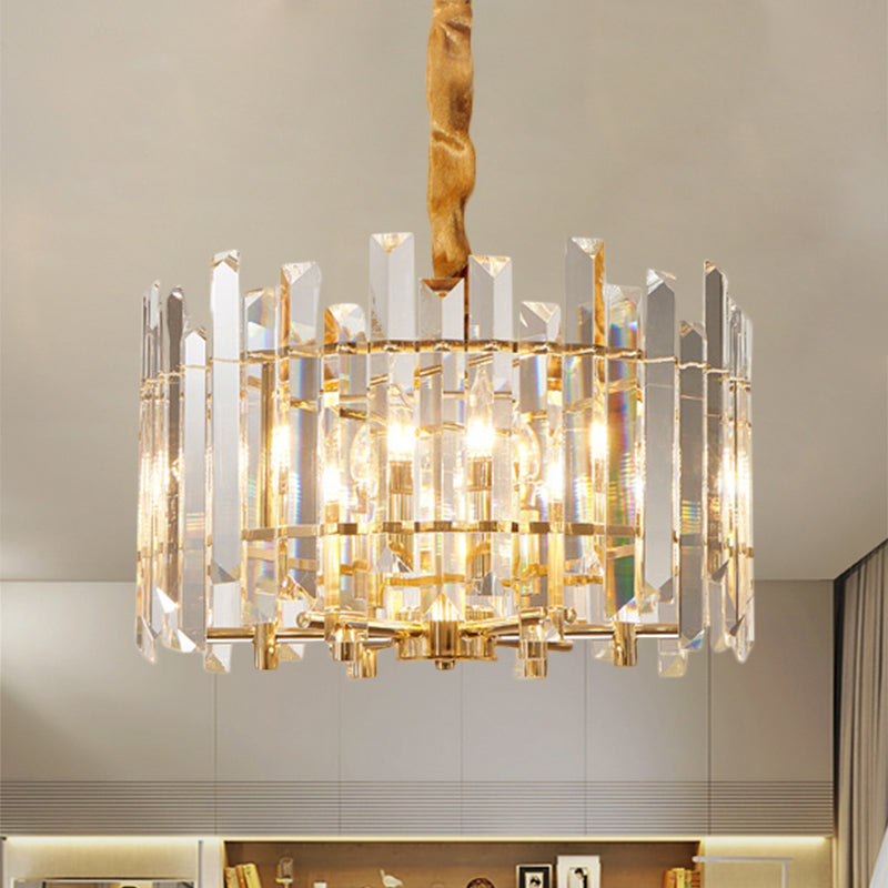 Contemporary Drum Ceiling Chandelier 6/8 Bulbs Clear Crystal Prismatic Suspension Lighting, 18