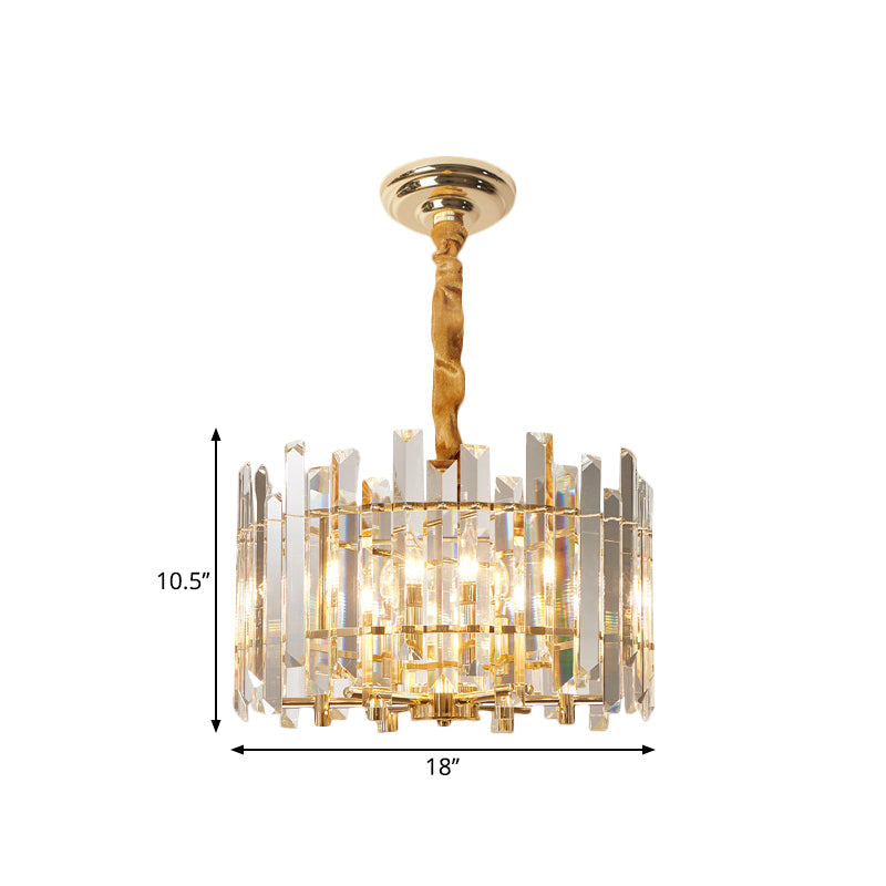 Contemporary Drum Ceiling Chandelier 6/8 Bulbs Clear Crystal Prismatic Suspension Lighting, 18