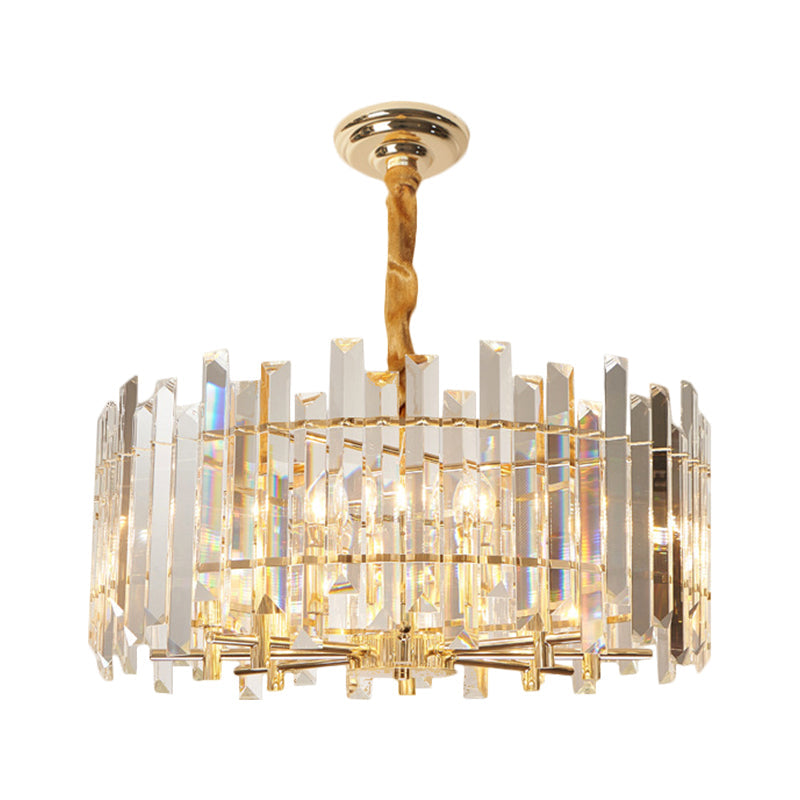 Contemporary Drum Ceiling Chandelier 6/8 Bulbs Clear Crystal Prismatic Suspension Lighting, 18