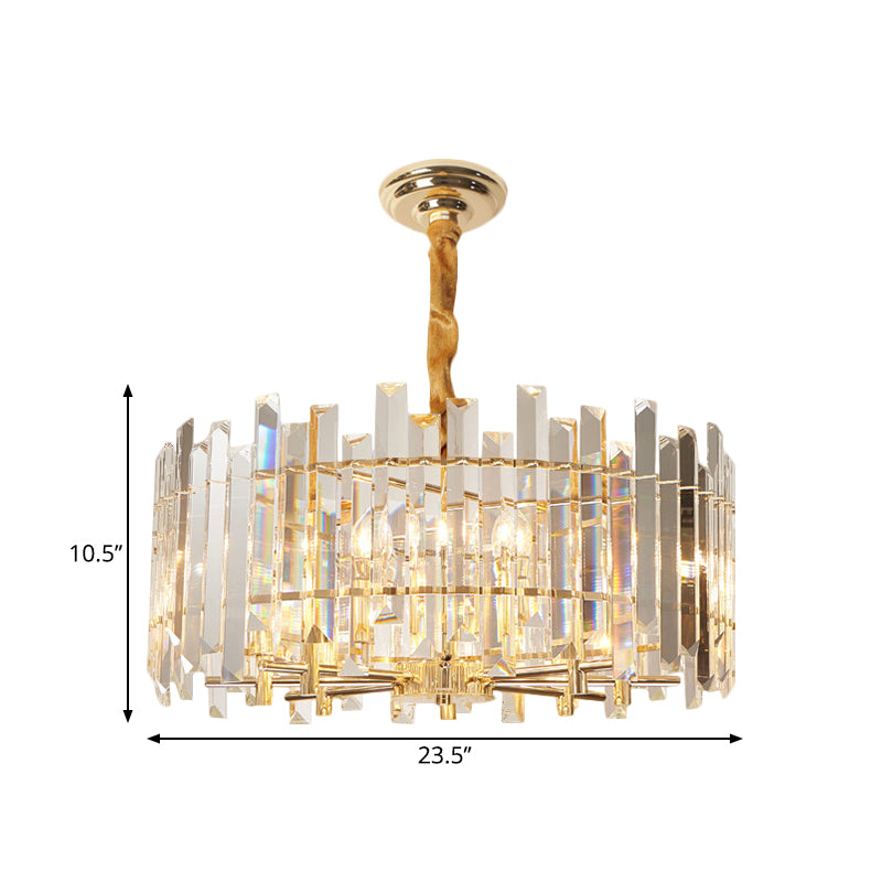 Contemporary Drum Ceiling Chandelier 6/8 Bulbs Clear Crystal Prismatic Suspension Lighting, 18