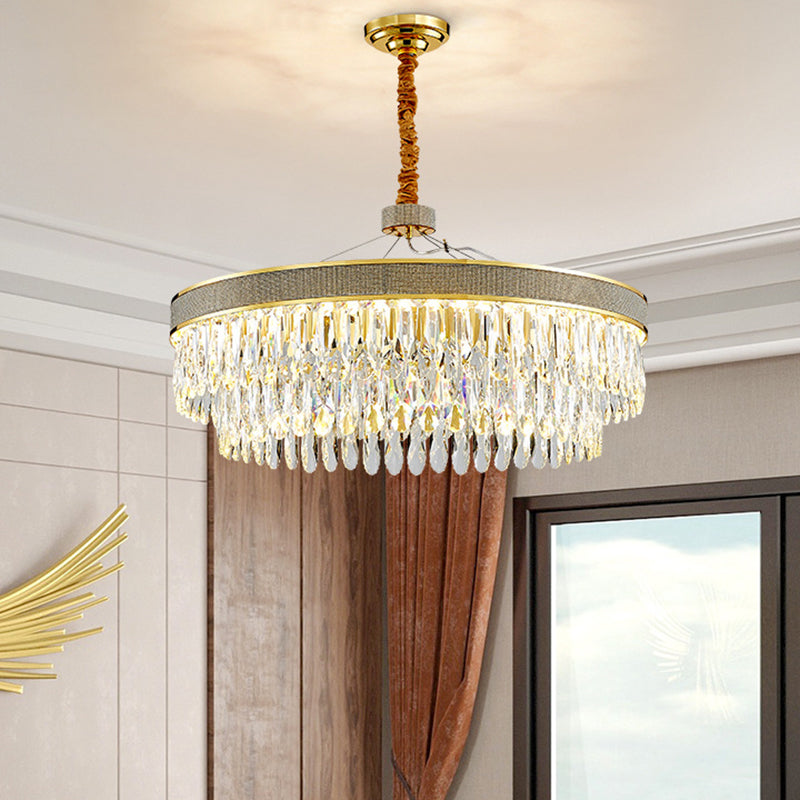 Clear Crystal Draping LED Hanging Chandelier Modern Gold Finish 2-Layer Round Great Room Suspension Lamp, 18