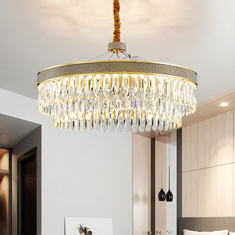 Clear Crystal Draping LED Hanging Chandelier Modern Gold Finish 2-Layer Round Great Room Suspension Lamp, 18