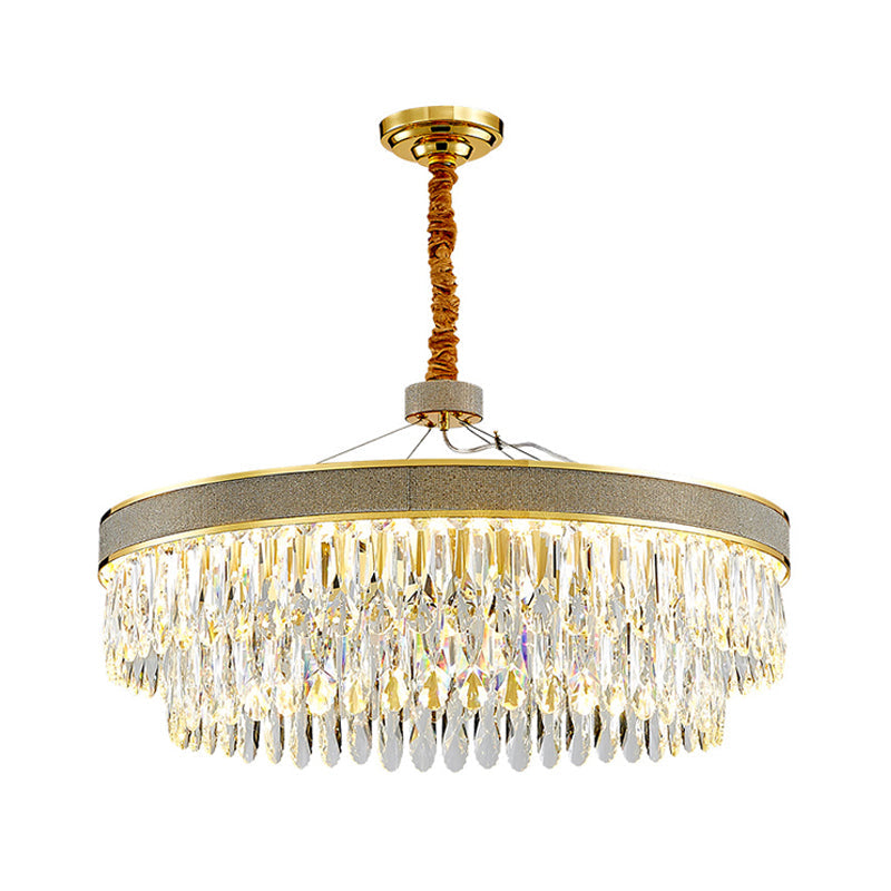 Clear Crystal Draping LED Hanging Chandelier Modern Gold Finish 2-Layer Round Great Room Suspension Lamp, 18