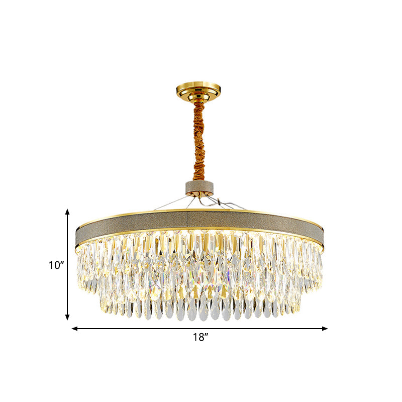 Clear Crystal Draping LED Hanging Chandelier Modern Gold Finish 2-Layer Round Great Room Suspension Lamp, 18