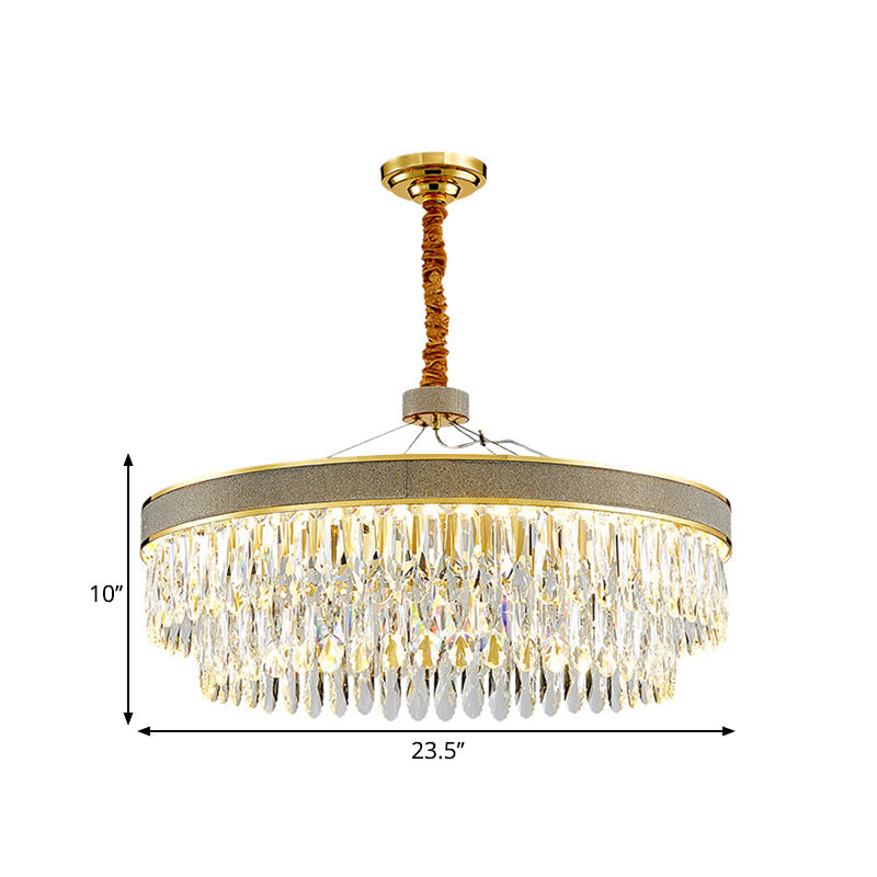 Clear Crystal Draping LED Hanging Chandelier Modern Gold Finish 2-Layer Round Great Room Suspension Lamp, 18