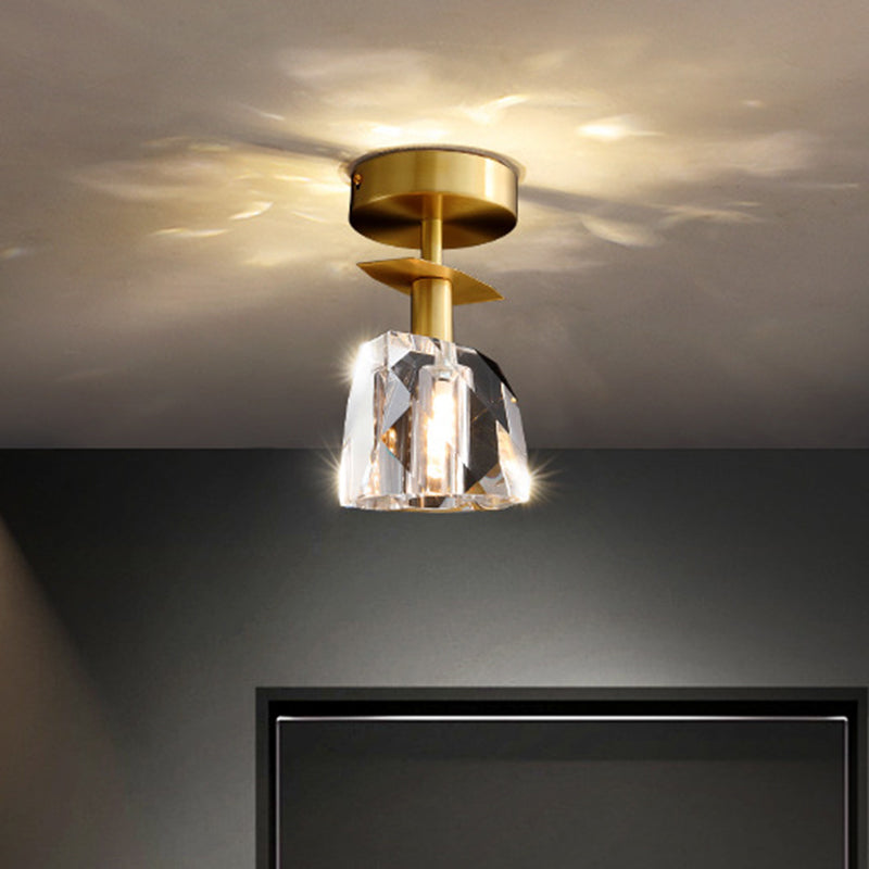 1 Bulbs Clear Bevel Cut Glass Ceiling Lamp Modern Brass Irregular Half Sphere Porch Semi Flush Light Brass Clearhalo 'Ceiling Lights' 'Close To Ceiling Lights' 'Close to ceiling' 'Semi-flushmount' Lighting' 1399492