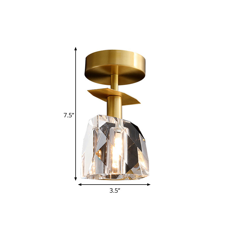 1 Bulbs Clear Bevel Cut Glass Ceiling Lamp Modern Brass Irregular Half Sphere Porch Semi Flush Light Clearhalo 'Ceiling Lights' 'Close To Ceiling Lights' 'Close to ceiling' 'Semi-flushmount' Lighting' 1399495