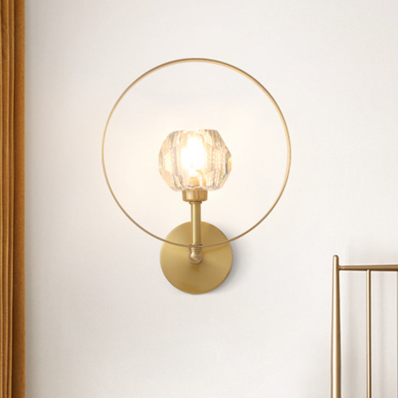 Gold 1 Head Surface Wall Sconce Contemporary Beveled Crystal Ball Ring Frame Wall Lamp Gold Clearhalo 'Wall Lamps & Sconces' 'Wall Lights' Lighting' 1399668