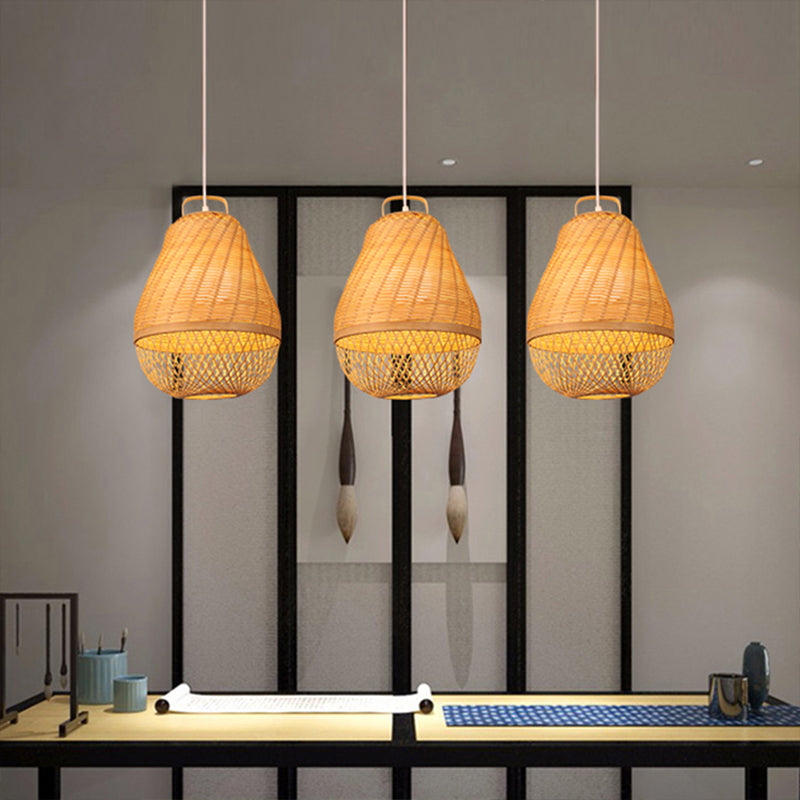 Bird Cage Bamboo Hanging Light Asian Style 1 Light Beige Drop Ceiling Light for Dining Room Clearhalo 'Ceiling Lights' 'Pendant Lights' 'Pendants' Lighting' 139971