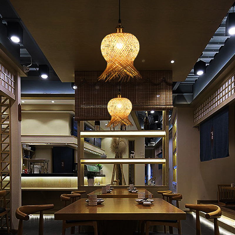 Jellyfish Shape Hand-Woven Bamboo Hanging Lamp Asian 1-Light Beige Pendant Light for Restaurant Clearhalo 'Ceiling Lights' 'Pendant Lights' 'Pendants' Lighting' 139976