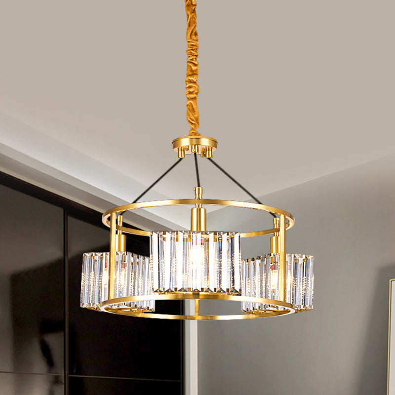 Crystal Blocks Clear Ceiling Chandelier Drum Metal Frame 3 Heads Modern Hanging Light Kit in Gold Clearhalo 'Ceiling Lights' 'Chandeliers' 'Clear' 'Industrial' 'Modern Chandeliers' 'Modern' 'Tiffany' 'Traditional Chandeliers' Lighting' 1399849