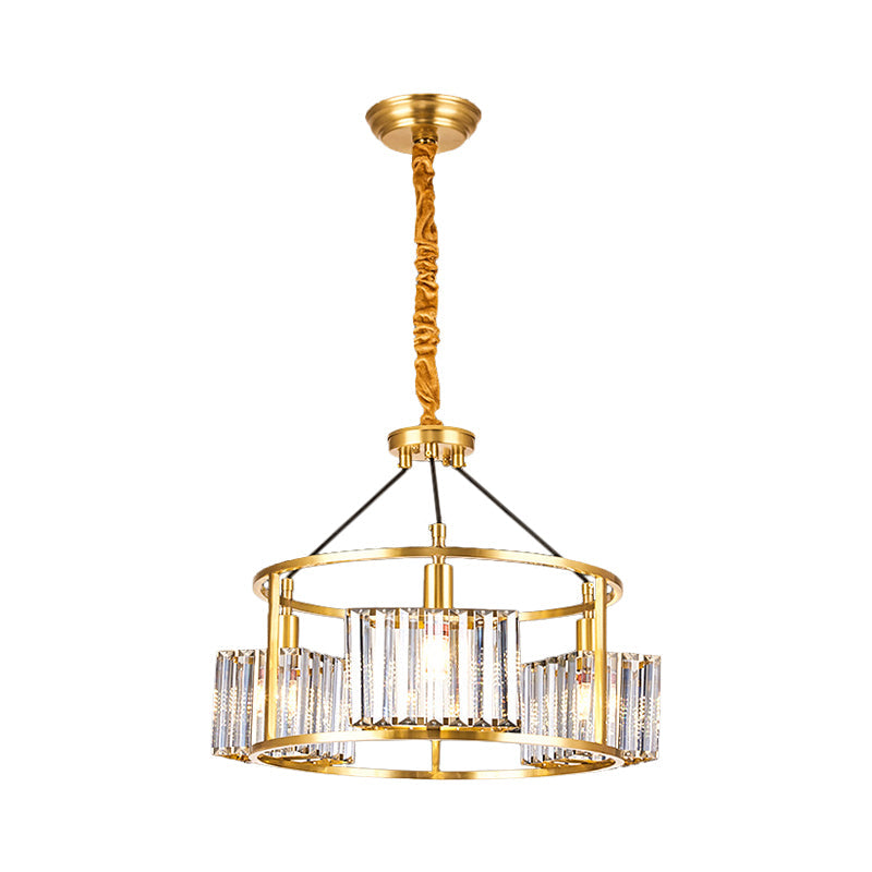 Crystal Blocks Clear Ceiling Chandelier Drum Metal Frame 3 Heads Modern Hanging Light Kit in Gold Clearhalo 'Ceiling Lights' 'Chandeliers' 'Clear' 'Industrial' 'Modern Chandeliers' 'Modern' 'Tiffany' 'Traditional Chandeliers' Lighting' 1399850