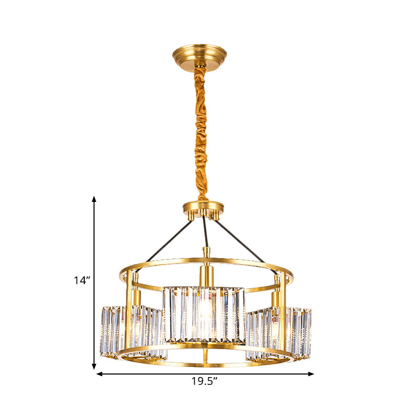 Crystal Blocks Clear Ceiling Chandelier Drum Metal Frame 3 Heads Modern Hanging Light Kit in Gold Clearhalo 'Ceiling Lights' 'Chandeliers' 'Clear' 'Industrial' 'Modern Chandeliers' 'Modern' 'Tiffany' 'Traditional Chandeliers' Lighting' 1399851