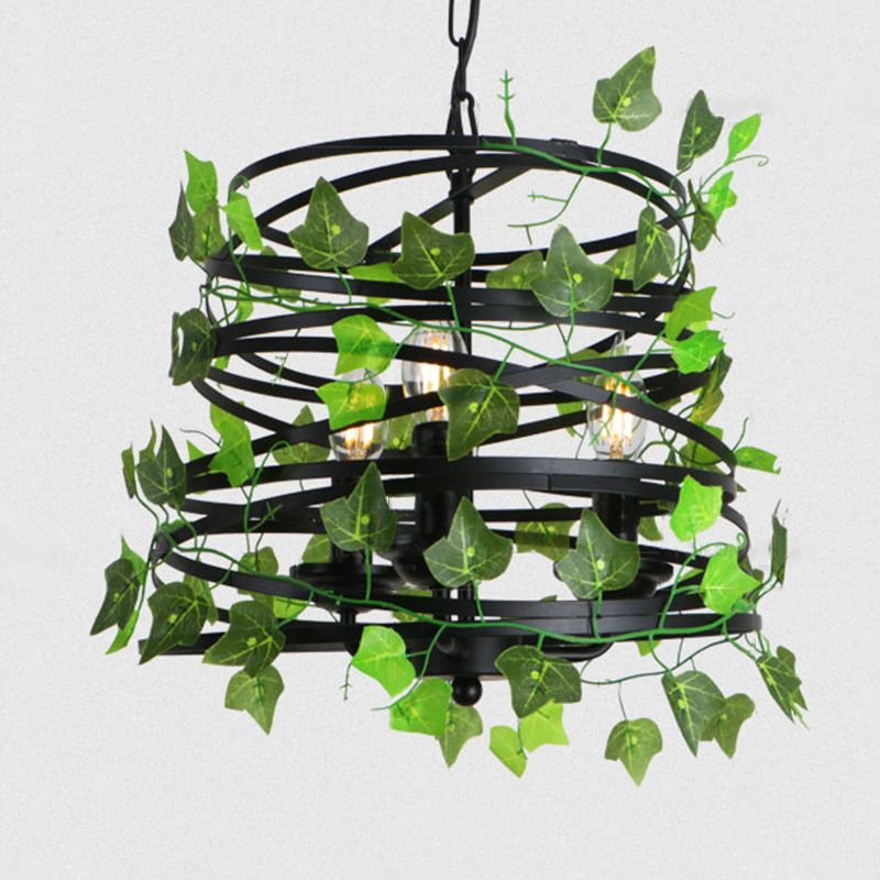 3-Light Iron Ceiling Chandelier Industrial Green Fake Plant and Cage Restaurant Pendant Lamp Green 13