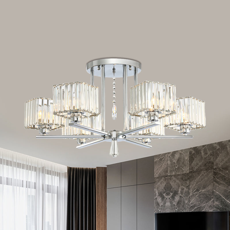 6/8 Bulbs Semi Flush Chandelier with Radial Design Modern Clear Crystal Cubic Shade Ceiling Lighting 6 Clear Clearhalo 'Ceiling Lights' 'Close To Ceiling Lights' 'Close to ceiling' 'Semi-flushmount' Lighting' 1400078