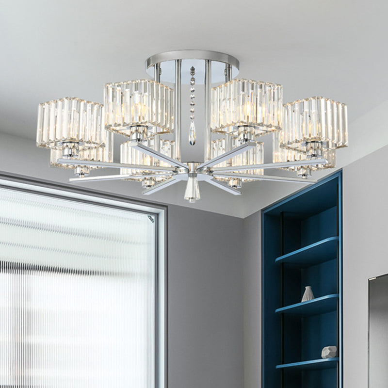 6/8 Bulbs Semi Flush Chandelier with Radial Design Modern Clear Crystal Cubic Shade Ceiling Lighting 8 Clear Clearhalo 'Ceiling Lights' 'Close To Ceiling Lights' 'Close to ceiling' 'Semi-flushmount' Lighting' 1400082