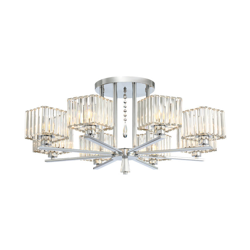 6/8 Bulbs Semi Flush Chandelier with Radial Design Modern Clear Crystal Cubic Shade Ceiling Lighting Clearhalo 'Ceiling Lights' 'Close To Ceiling Lights' 'Close to ceiling' 'Semi-flushmount' Lighting' 1400084