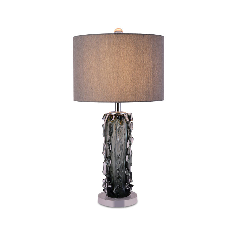 1 Head Night Stand Lamp Modern Pale Barrel Fabric Shade Table Light with Embossed Crystal Column in Dark Gray Clearhalo 'Lamps' 'Table Lamps' Lighting' 1400260