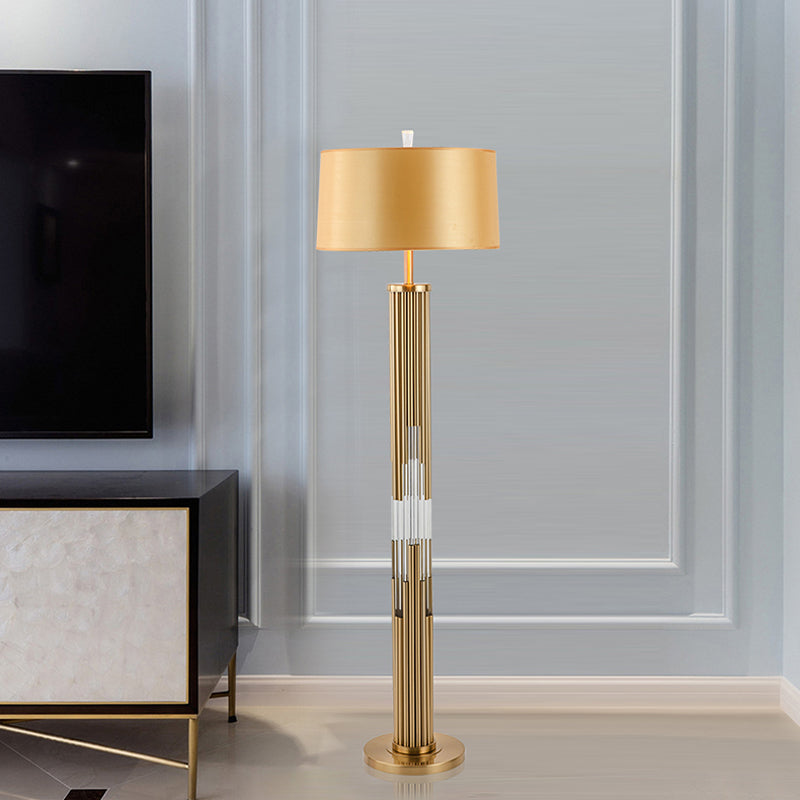 Gold 1 Bulb Floor Light Contemporary Barrel Fabric Shade Floor Reading Lamp with Crystal Tubes Stand Gold Clearhalo 'Floor Lamps' 'Lamps' Lighting' 1400263