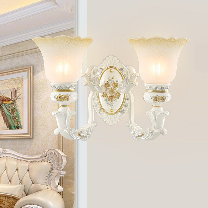 Flared Pattern Glass Sconce Lighting Antiqued 1/2-Light Dining Room Wall Mount Light Fixture in White Clearhalo 'Wall Lamps & Sconces' 'Wall Lights' Lighting' 1400277