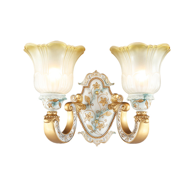 Traditional Flower Wall Mount Lamp 1/2-Head Fading Amber and White Glass Sconce in Gold Clearhalo 'Wall Lamps & Sconces' 'Wall Lights' Lighting' 1400281