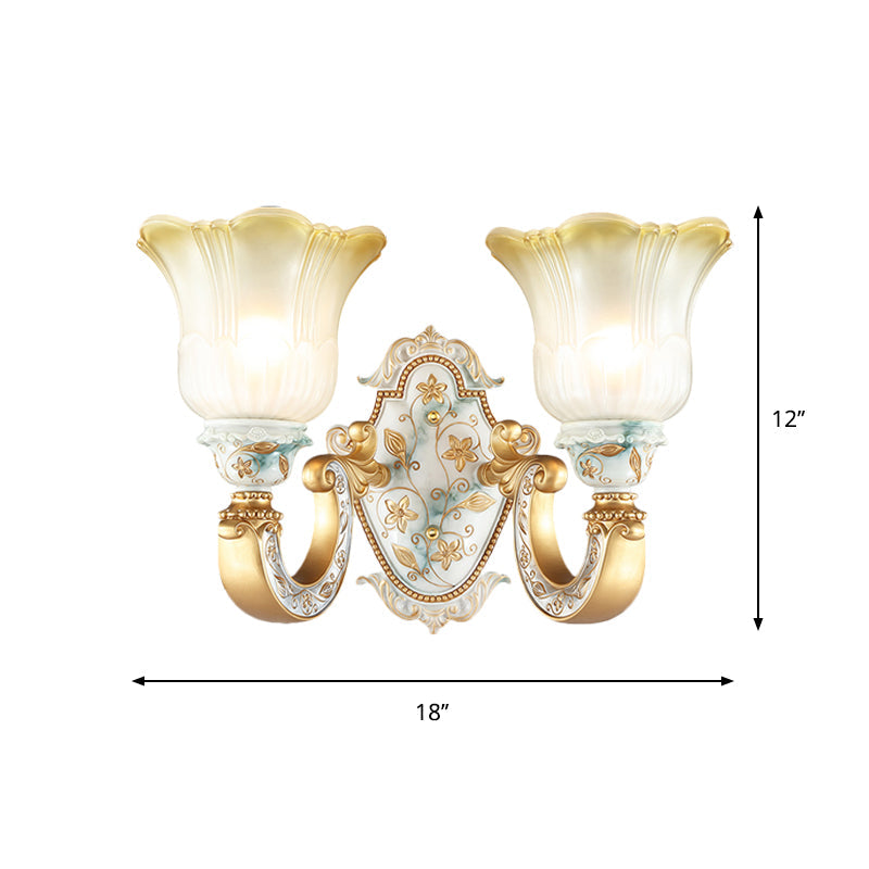 Traditional Flower Wall Mount Lamp 1/2-Head Fading Amber and White Glass Sconce in Gold Clearhalo 'Wall Lamps & Sconces' 'Wall Lights' Lighting' 1400283