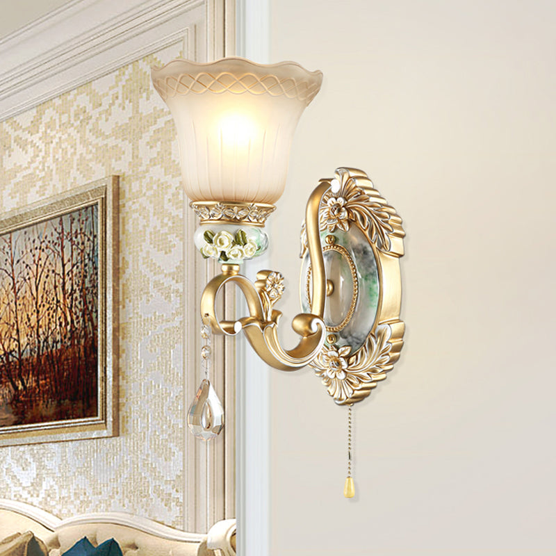 Wave-Trimmed Bell Opal Glass Wall Lamp Traditional 1/2-Head Living Room Sconce with Carved Rose Detail in Gold Clearhalo 'Wall Lamps & Sconces' 'Wall Lights' Lighting' 1400308