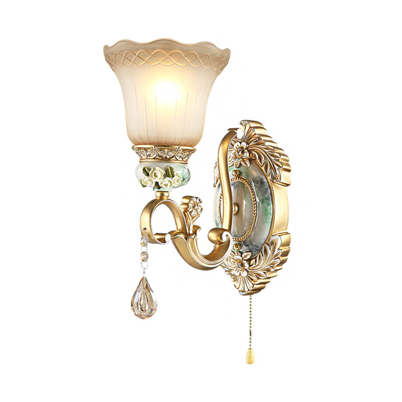 Wave-Trimmed Bell Opal Glass Wall Lamp Traditional 1/2-Head Living Room Sconce with Carved Rose Detail in Gold Clearhalo 'Wall Lamps & Sconces' 'Wall Lights' Lighting' 1400309