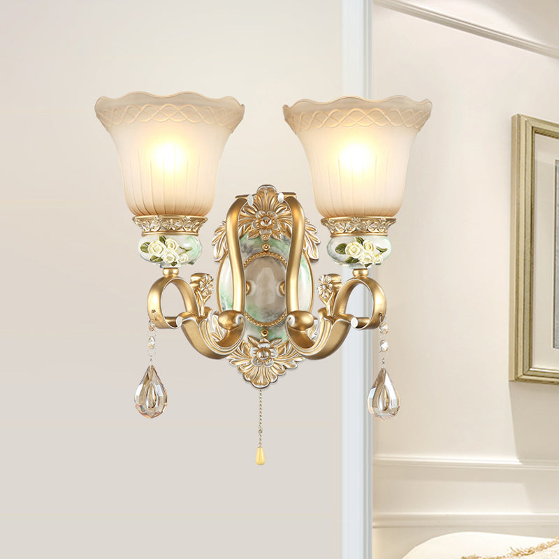 Wave-Trimmed Bell Opal Glass Wall Lamp Traditional 1/2-Head Living Room Sconce with Carved Rose Detail in Gold Clearhalo 'Wall Lamps & Sconces' 'Wall Lights' Lighting' 1400312