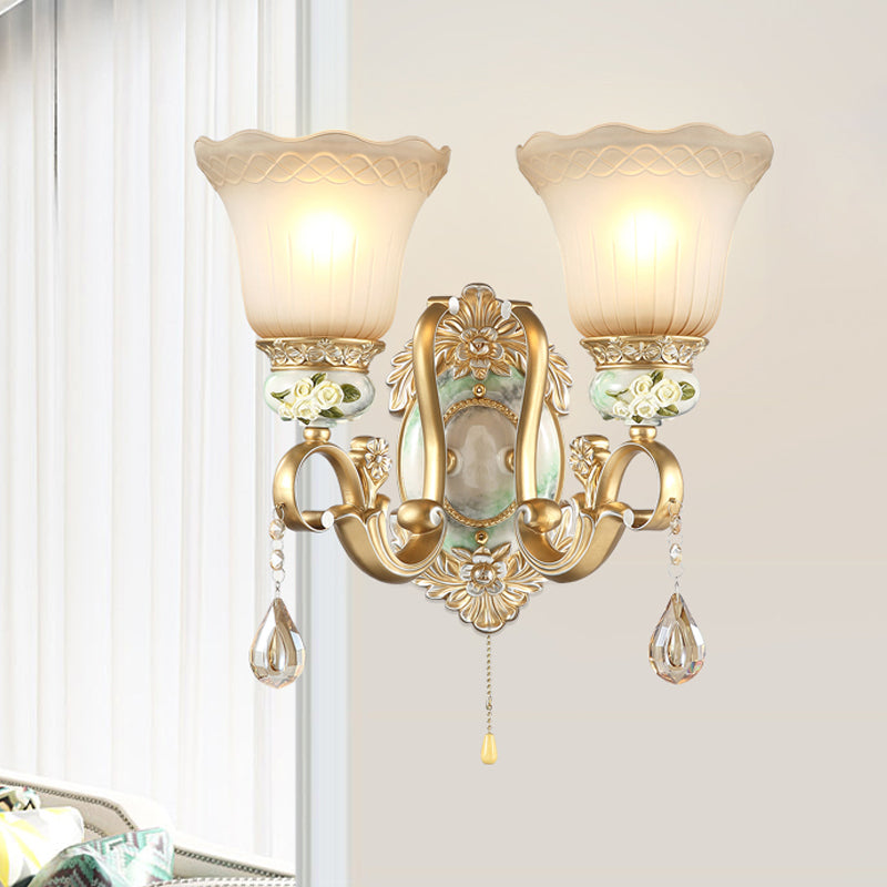Wave-Trimmed Bell Opal Glass Wall Lamp Traditional 1/2-Head Living Room Sconce with Carved Rose Detail in Gold Clearhalo 'Wall Lamps & Sconces' 'Wall Lights' Lighting' 1400313