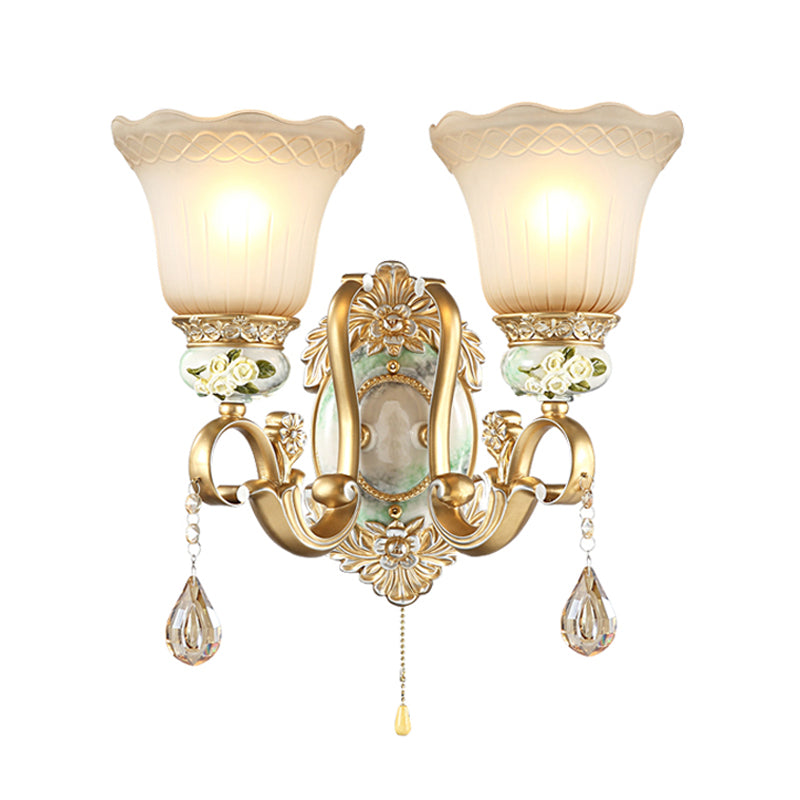Wave-Trimmed Bell Opal Glass Wall Lamp Traditional 1/2-Head Living Room Sconce with Carved Rose Detail in Gold Clearhalo 'Wall Lamps & Sconces' 'Wall Lights' Lighting' 1400314