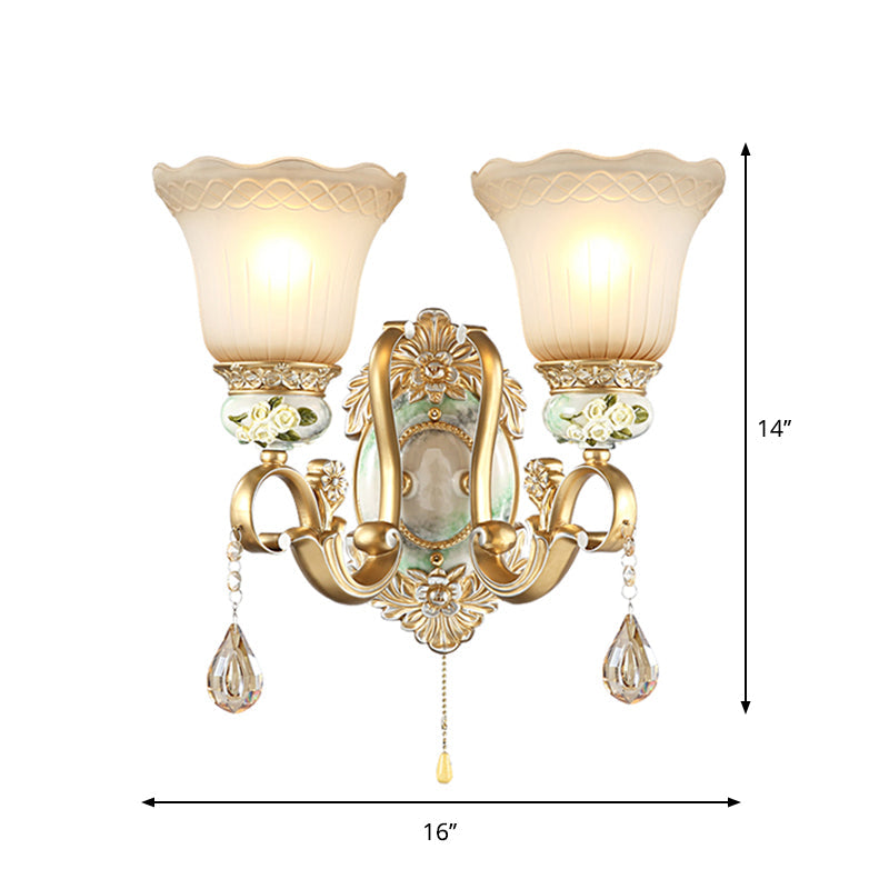 Wave-Trimmed Bell Opal Glass Wall Lamp Traditional 1/2-Head Living Room Sconce with Carved Rose Detail in Gold Clearhalo 'Wall Lamps & Sconces' 'Wall Lights' Lighting' 1400315