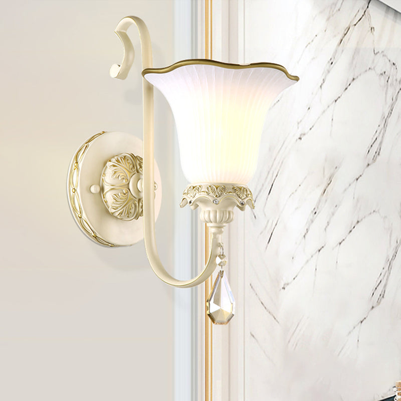 Single-Bulb Wall Sconce Lighting Antiqued Morning Glory Opaline Glass Wall Light in White White Clearhalo 'Wall Lamps & Sconces' 'Wall Lights' Lighting' 1400316