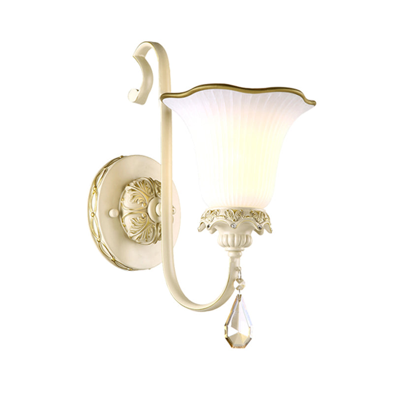 Single-Bulb Wall Sconce Lighting Antiqued Morning Glory Opaline Glass Wall Light in White Clearhalo 'Wall Lamps & Sconces' 'Wall Lights' Lighting' 1400318