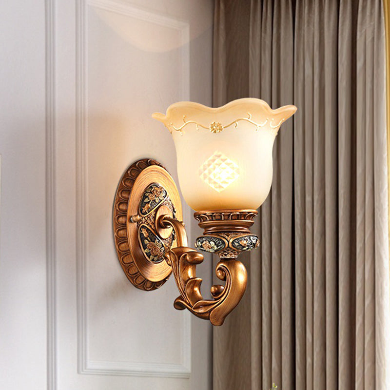 Scalloped-Edge Bedroom Wall Light Kit Traditional Cream Glass 1-Light Brass Wall Sconce Brass Clearhalo 'Wall Lamps & Sconces' 'Wall Lights' Lighting' 1400320