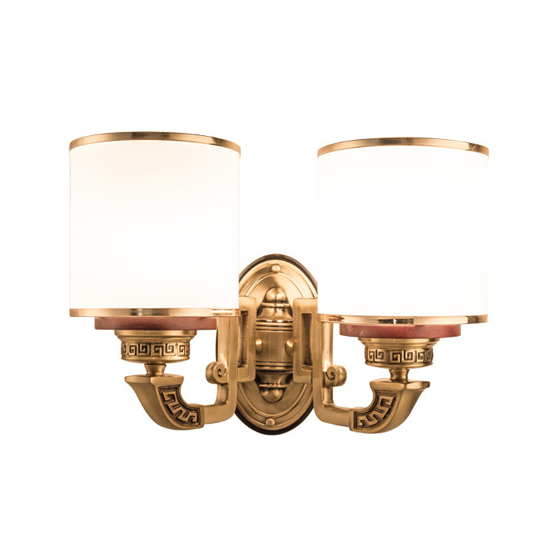 White Glass Cylinder Wall Mount Lamp Traditional 2 Bulbs Living Room Sconce Lighting in Brass Clearhalo 'Wall Lamps & Sconces' 'Wall Lights' Lighting' 1400330