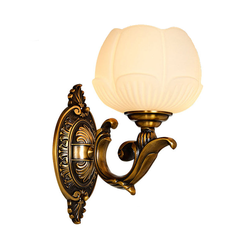 Flower Bud Milk Glass Wall Lamp Antiqued 1-Head Bedroom Wall Light Sconce in Brass Clearhalo 'Wall Lamps & Sconces' 'Wall Lights' Lighting' 1400333