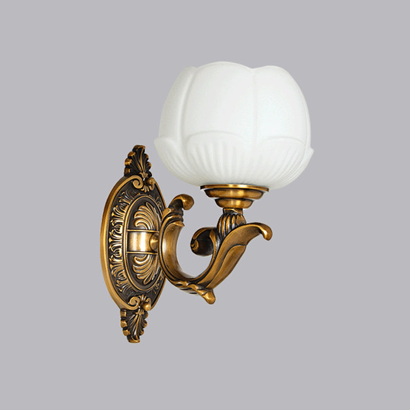 Flower Bud Milk Glass Wall Lamp Antiqued 1-Head Bedroom Wall Light Sconce in Brass Clearhalo 'Wall Lamps & Sconces' 'Wall Lights' Lighting' 1400334