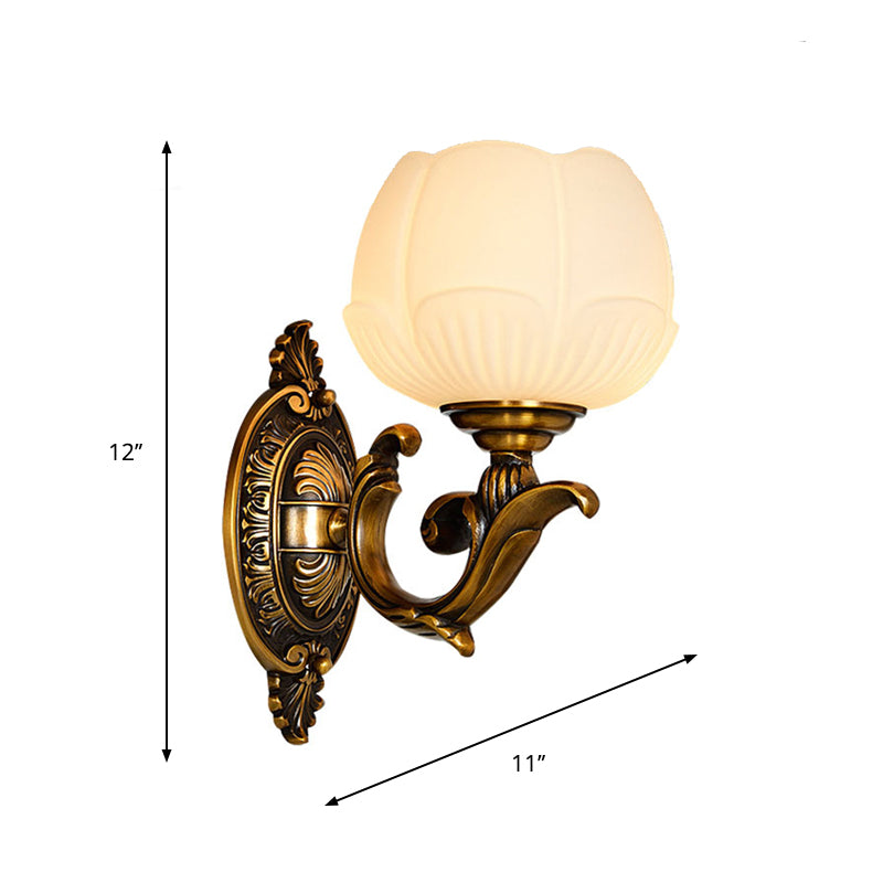 Flower Bud Milk Glass Wall Lamp Antiqued 1-Head Bedroom Wall Light Sconce in Brass Clearhalo 'Wall Lamps & Sconces' 'Wall Lights' Lighting' 1400335