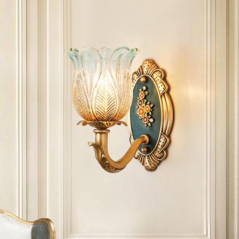 Retro Semi-Open Flower Wall Lighting 1/2-Light Carved Glass Sconce Light Fixture in Gold Clearhalo 'Wall Lamps & Sconces' 'Wall Lights' Lighting' 1400337