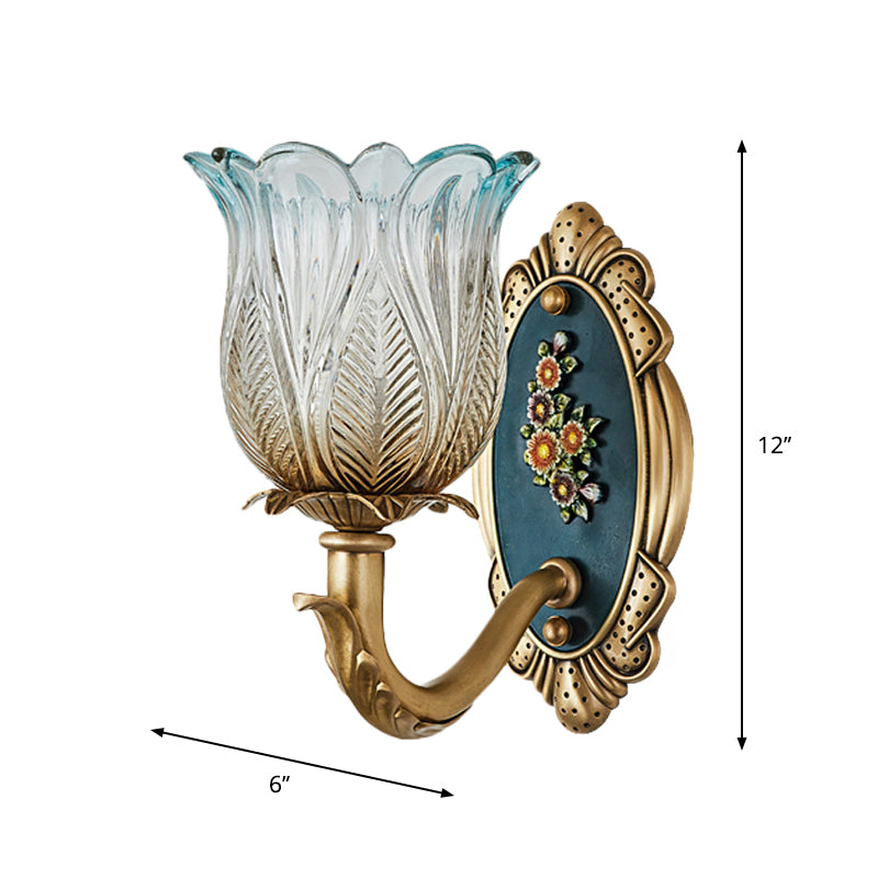 Retro Semi-Open Flower Wall Lighting 1/2-Light Carved Glass Sconce Light Fixture in Gold Clearhalo 'Wall Lamps & Sconces' 'Wall Lights' Lighting' 1400339