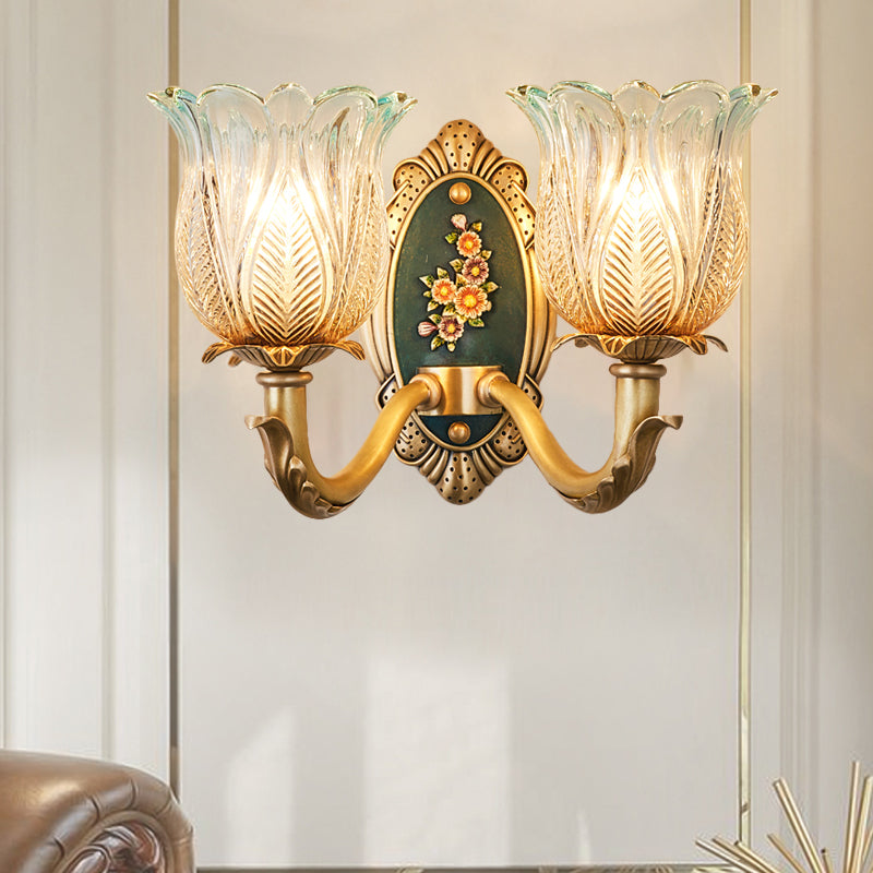 Retro Semi-Open Flower Wall Lighting 1/2-Light Carved Glass Sconce Light Fixture in Gold Clearhalo 'Wall Lamps & Sconces' 'Wall Lights' Lighting' 1400341