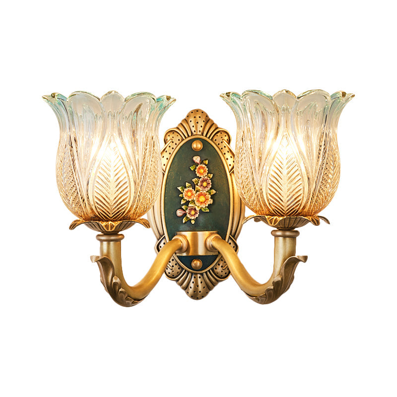 Retro Semi-Open Flower Wall Lighting 1/2-Light Carved Glass Sconce Light Fixture in Gold Clearhalo 'Wall Lamps & Sconces' 'Wall Lights' Lighting' 1400342