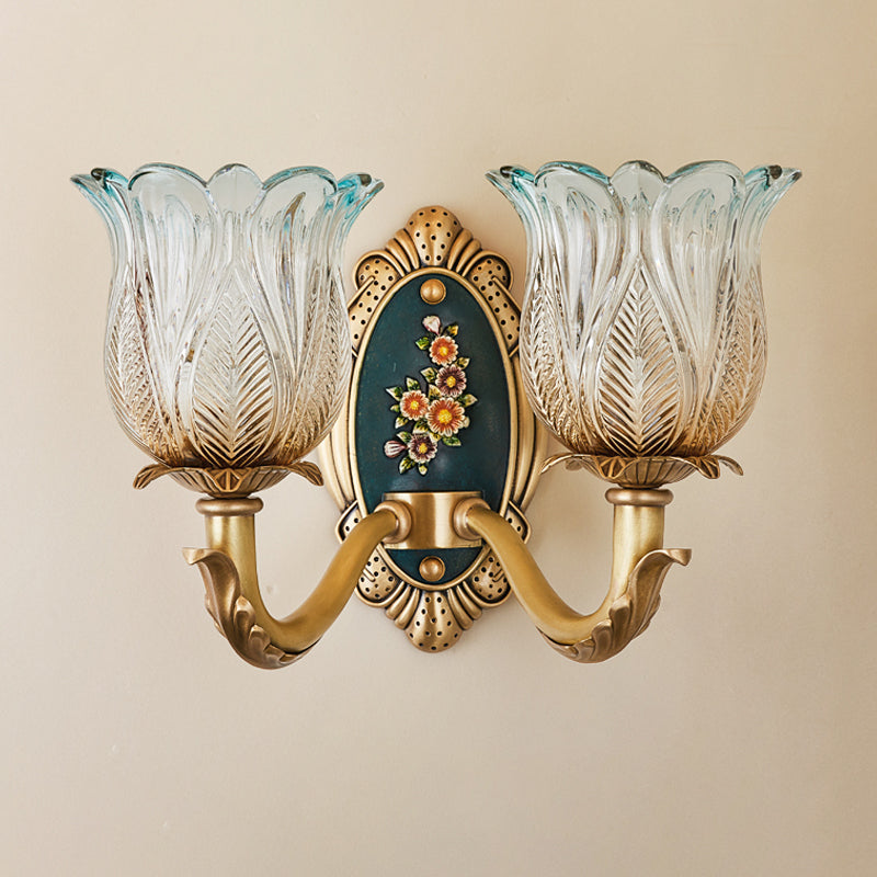 Retro Semi-Open Flower Wall Lighting 1/2-Light Carved Glass Sconce Light Fixture in Gold Clearhalo 'Wall Lamps & Sconces' 'Wall Lights' Lighting' 1400343