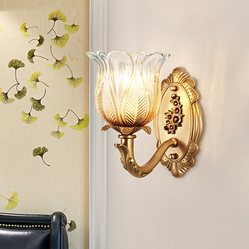 1/2-Bulb Carved Glass Sconce Lighting Vintage Gold Petals Bedroom Wall Mounted Lamp Clearhalo 'Wall Lamps & Sconces' 'Wall Lights' Lighting' 1400355