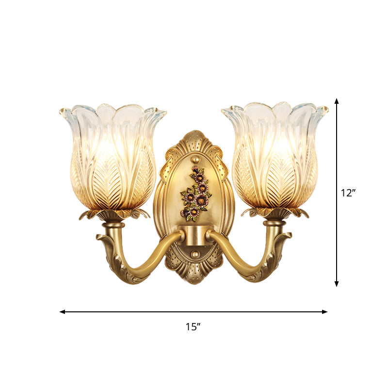 1/2-Bulb Carved Glass Sconce Lighting Vintage Gold Petals Bedroom Wall Mounted Lamp Clearhalo 'Wall Lamps & Sconces' 'Wall Lights' Lighting' 1400362