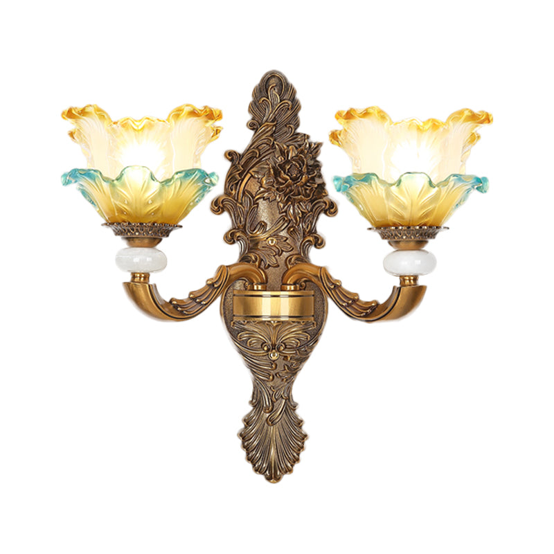 Brass 1/2-Head Wall Sconce Traditional Yellow and Blue Glass Lettuce-Edge Wall Mount Lamp Clearhalo 'Wall Lamps & Sconces' 'Wall Lights' Lighting' 1400373