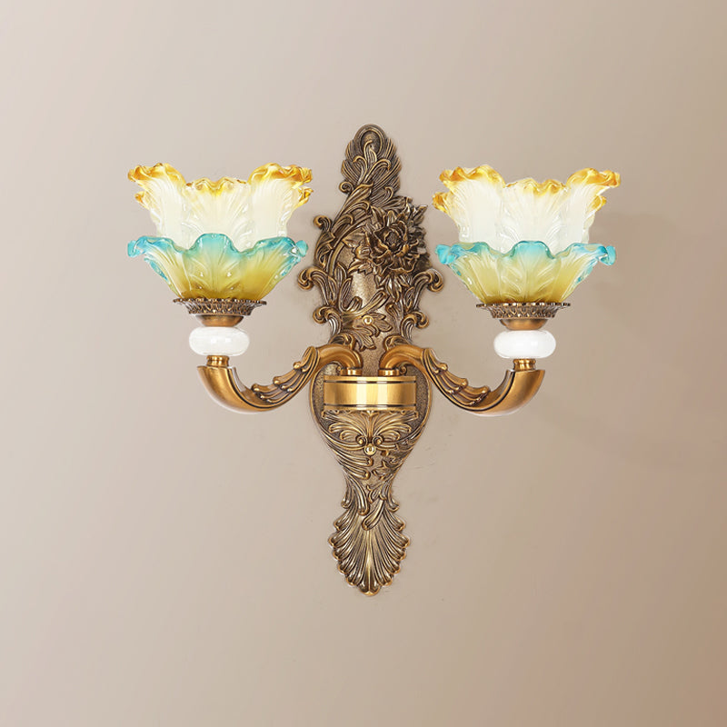 Brass 1/2-Head Wall Sconce Traditional Yellow and Blue Glass Lettuce-Edge Wall Mount Lamp Clearhalo 'Wall Lamps & Sconces' 'Wall Lights' Lighting' 1400374