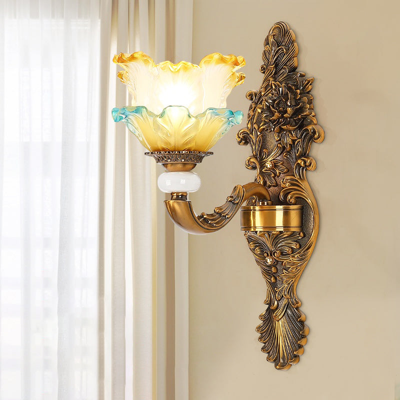 Brass 1/2-Head Wall Sconce Traditional Yellow and Blue Glass Lettuce-Edge Wall Mount Lamp Clearhalo 'Wall Lamps & Sconces' 'Wall Lights' Lighting' 1400377